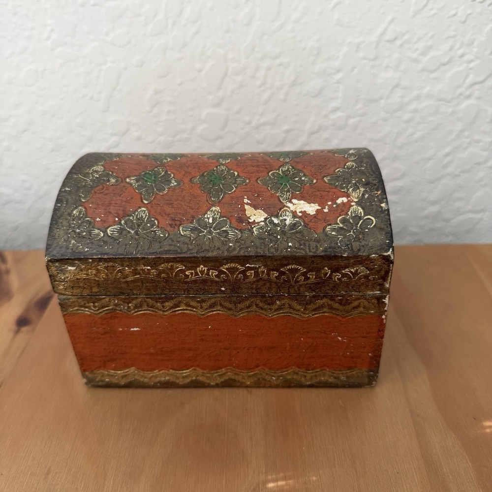 Vtg 1960s Italian Florentine Wood Jewelry Box Dome Chest Orange Gold MCM Trinket